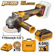 УШМ INGCO d115мм 3000-9000 об/мин,Б/Щ, аккумуляторная 20В, АКБ 4.0 Ah. з/у INDUSTRIAL CAGLI211541.