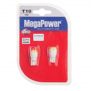 Автолампа T10W (W2,1x9,5d) CERAMIC 1 SMD WHITE блистер (2 шт) 6000K 55лм   12V MEGAPOWER /1 /50