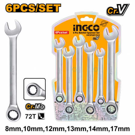 Набор комбинированных ключей с трещеткой 6 шт (8-17 мм) INGCO HKSPAR1062 Набор комбинированных ключей с трещеткой 6 шт (8-17 мм) INGCO HKSPAR1062