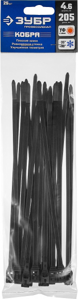 ЗУБР КОБРА, 4.6 x 205 мм, нейлон РА66, 25 шт, черные, кабельные стяжки с плоским замком, Профессионал (30935-46-205)
