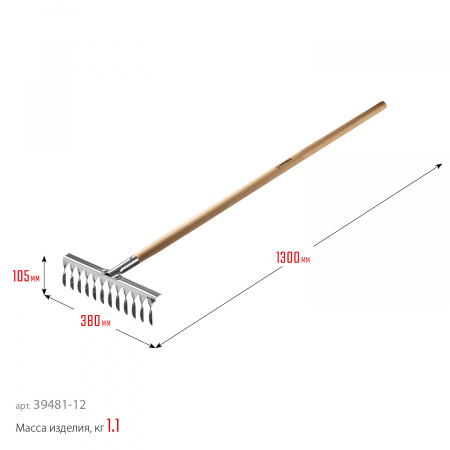 GRINDA PS-12 WOOD, 370 х 105 х 1300 мм, 12 витых зубцов, нержавеющая сталь, деревянный черенок, садовые грабли, PROLine (39481-12)