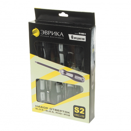 Набор отверток ER-M08-6  SL3.5x75 Ø3, SL5.5x100 Ø5, SL6.5x125 Ø6; PH0x75 Ø3, PH1x100 Ø5, PH2x125 Ø6, стержень S2, 6 предметов HRC≥59 ЭВРИКА /1/12 NEW
