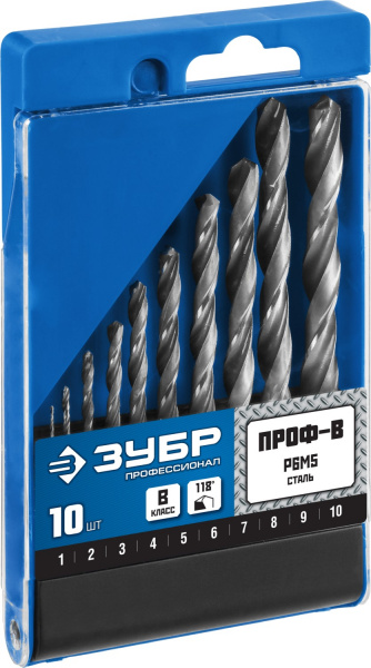 ЗУБР ПРОФ-В, 10 шт, (1-10 мм), сталь Р6М5, класс В, набор сверл по металлу, Профессионал (29621-H10)