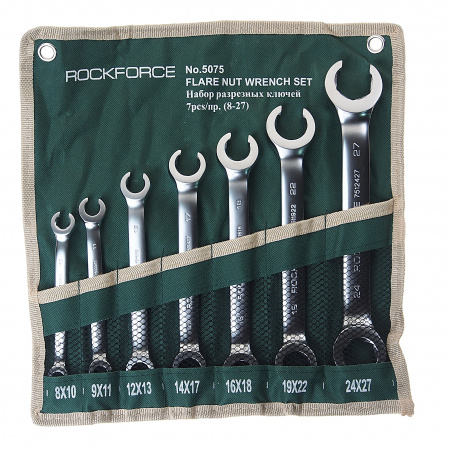 Набор ключей разрезных RF-5075: 7пр(8х10,9х11,12х13,14х17,16х18,19х22,24х27мм),на полотне ROCKFORCE /1