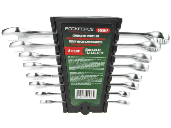 Набор ключей комбинированных RF-5086MP: 15грд., 8пр. (8, 10, 12-15, 17, 19мм), на пластиковом держателе ROCKFORCE /1/40 Набор ключей комбинированных RF-5086MP: 15грд., 8пр. (8, 10, 12-15, 17, 19мм), на пластиковом держателе ROCKFORCE /1/40