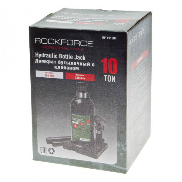 Домкрат гидравлический RF-T91004 бутылочный с клапаном 10т (выс.подъема 190-360мм) ROCKFORCE /1/4