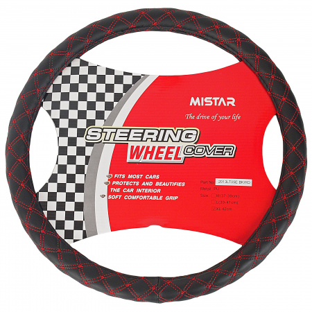 Оплетка руля MIS-2013LT05E(XL) BLACK/RED чёрная с двойной красной строчкой MISTAR /1/25