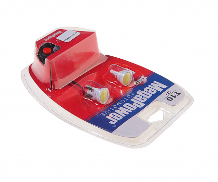 Автолампа T10W  (W2,1x9,5d) COB 1 SMD CHIPS WHITE блистер с тестером (2 шт) 6000K 90лм   12V MEGAPOWER /1 /25