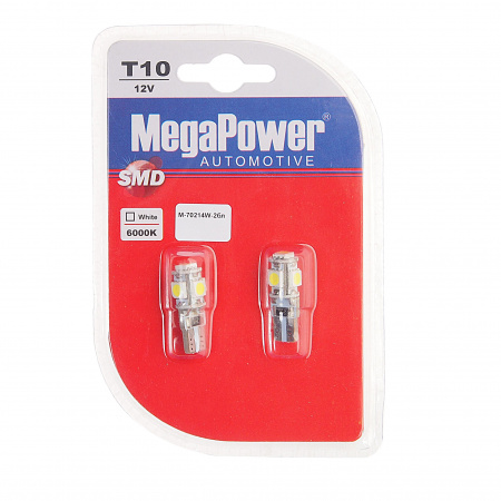 Автолампа T10W (W2,1x9,5d) 5 SMD 5050 WHITE 6000K с блокиратором ошибок CANbus блистер (2шт) 100лм   12V MEGAPOWER /1 /50