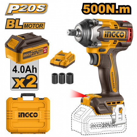 Гайковерт INGCO CIWLI2050  бесщеточный ударный Li-ion 20.0B, 2АКБ 4.0Ач, 500/650 Нм  INDUSTRIAL