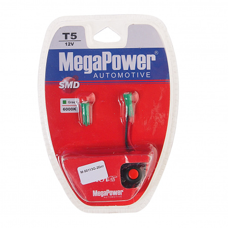 Автолампа T5 (W2*4.6d) 1 SMD 3528 GREEN блистер с тестером (2шт) 8лм   12V MEGAPOWER /1 /25