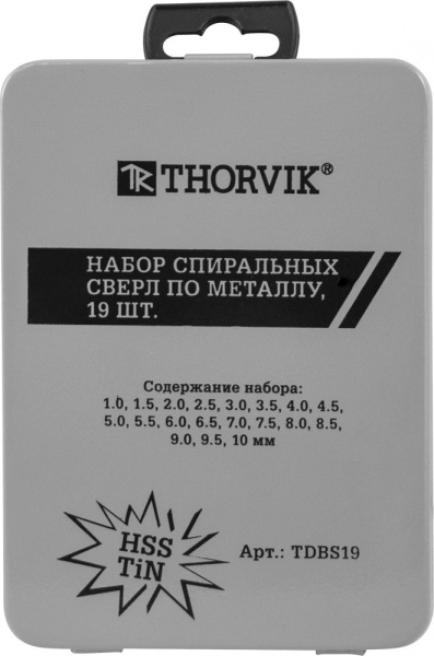 TDBS19 Набор спиральных сверл по металлу HSS TiN в металлическом кейсе, d1.0-10.0 мм, 19 предметов