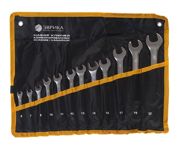Набор ключей комбинированных (6,7,8,10,11,12,13,14,15,17,19,22мм) сатинированных планшет 12 предметов ЭВРИКА 1/20