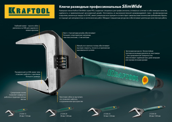 KRAFTOOL SlimWide, 200/38 мм, разводной ключ (27258-20)