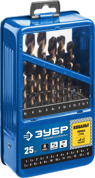 ЗУБР Кобальт, 25 шт, (1-13 мм), сталь Р6М5К5, класс А, мет.бокс, набор сверл по металлу, Профессионал (29626-H25)