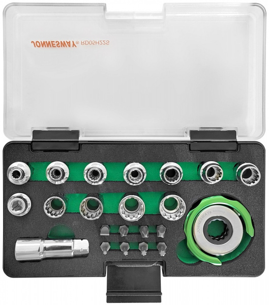 RD05H22S Головки торцевые SPLINE М4-13 с дисковым трещоточным механизмом и аксессуарами в наборе, 22 предмета RD05H22S Головки торцевые SPLINE М4-13 с дисковым трещоточным механизмом и аксессуарами в наборе, 22 предмета