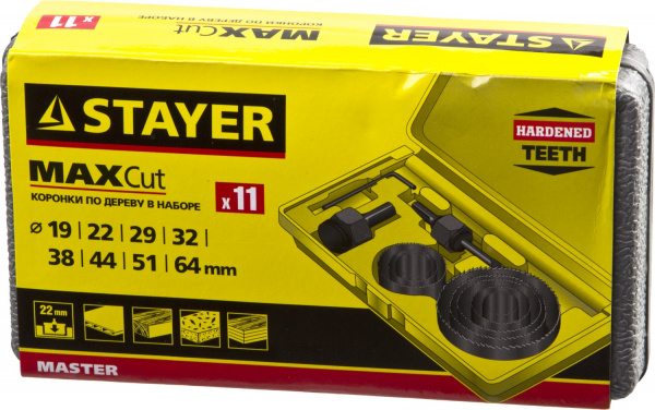 STAYER Maxcut, 9 шт, 19-64 мм, набор кольцевых коронок по дереву (29600-H11)