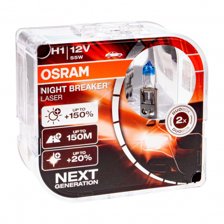 Автолампа H1 (55) P14.5s+150% NIGHT BREAKER LASER 3500K (евробокс, 2шт) 12V OSRAM /1/10