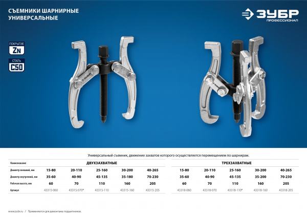 ЗУБР внешний d 30 - 200 мм, внутренний d 35 - 180 мм, шарнирный двухзахватный съемник, Профессионал (43315-160)