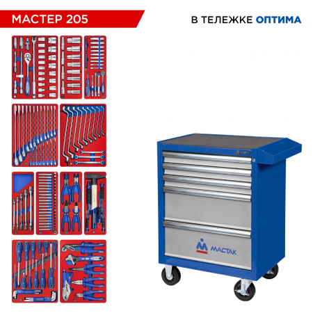 Набор инструментов 205 предметов, "МАСТЕР 205", в синей тележке МАСТАК 52-05205B