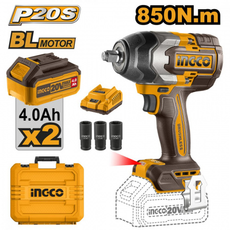 Гайковерт INGCO CIWLI2085  бесщеточный ударный Li-ion 20.0B, 2АКБ 4.0Ач, 850/1000 Нм  INDUSTRIAL