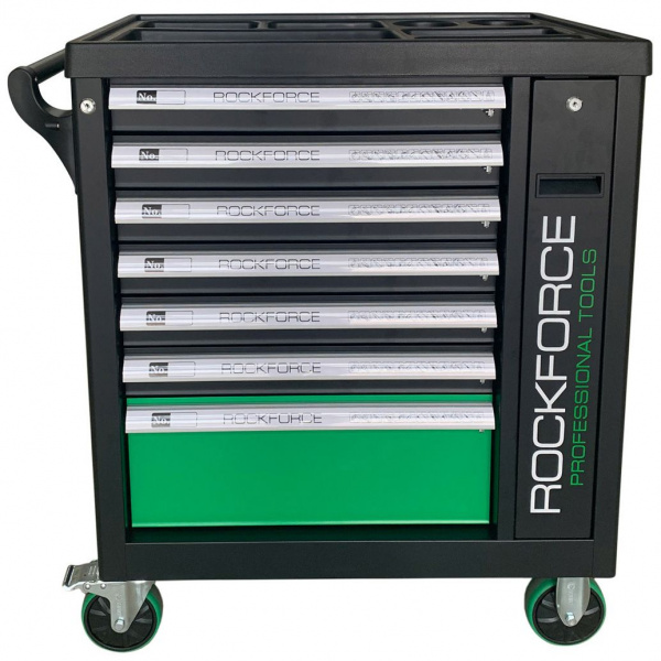 Тележка инструментальная RF-55299 7 секций с дополнительной боковой секцией, 600х790х970 (полки:65х500х395-6шт,200х500х395мм-1шт), (зеленая) ROCKFORCE