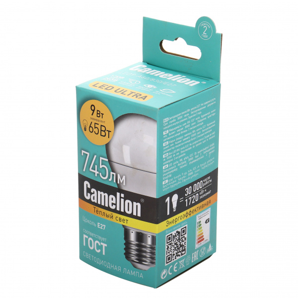 Лампа светодиодная E27 A60 9W тёплый свет CAMELION 1/10/100