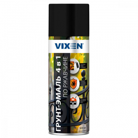 Грунт-эмаль аэроз. по ржавчине 4 в 1 черный янтарь RAL9005 520мл Vixen VX519005 (12)