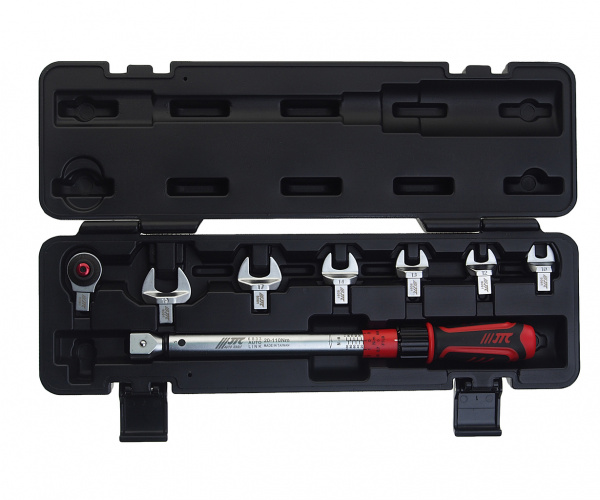 JTC Ключ динамометрический 20-110Нм 9-12мм с рожковыми насадками 10-19мм 8 предметов JTC