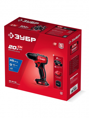 ЗУБР 20 В, 45 Н·м, 2 АКБ LMS (2 А·ч), бесщеточная дрель-шуруповерт, сумка (ДБ-45-22)