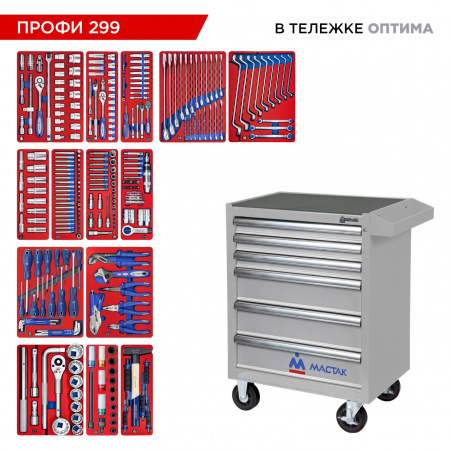 Набор инструментов 299 предметов, "ПРОФИ 299", в серой тележке МАСТАК 52-06299G Набор инструментов 299 предметов, "ПРОФИ 299", в серой тележке МАСТАК 52-06299G