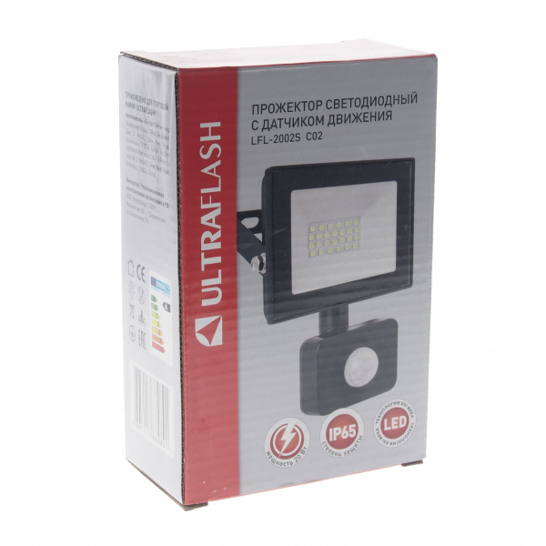 Прожектор UF-FL2002 LED SMD BLACK 20W 6500K 120х115мм с датчиком движения 220V ULTRA FLASH /1/40