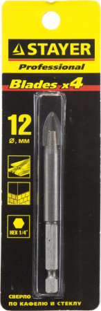 STAYER 12 мм, 4х кромка, HEX 1/4, Сверло по стеклу и кафелю (2985-12)