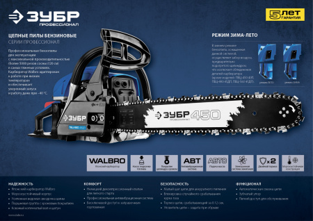 ЗУБР 56 см3, 45 см, бензопила, Профессионал (ПБЦ-560 45ДП)