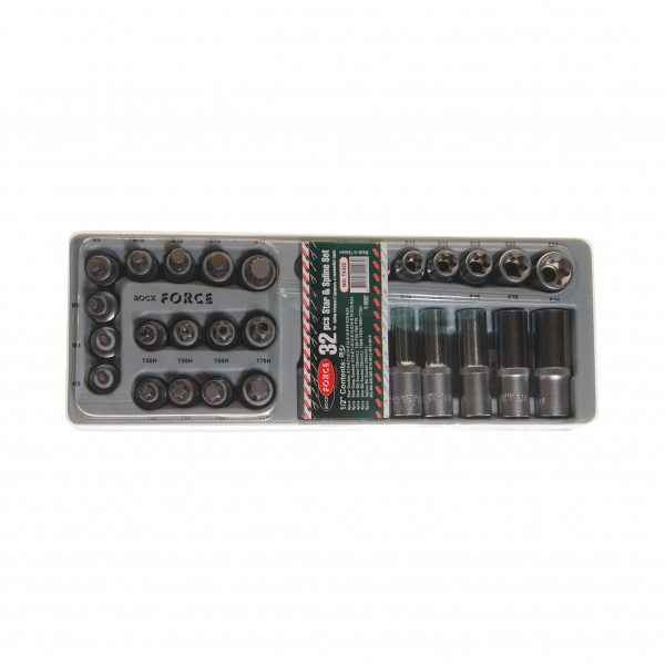 Набор торцевых головок и насадок RF-T4322: 1/2"DR головки Е-профиль, насадки TORX, Spline  (Е10-Е24, Т50-Т70, М5-М16) в лотке 32пр. ROCKFORCE /1/2 Набор торцевых головок и насадок RF-T4322: 1/2"DR головки Е-профиль, насадки TORX, Spline  (Е10-Е24, Т50-Т70, М5-М16) в лотке 32пр. ROCKFORCE /1/2