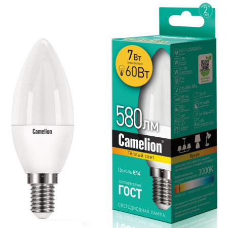 Лампа светодиодная E14 C35 7W тёплый свет CAMELION 1/10/100