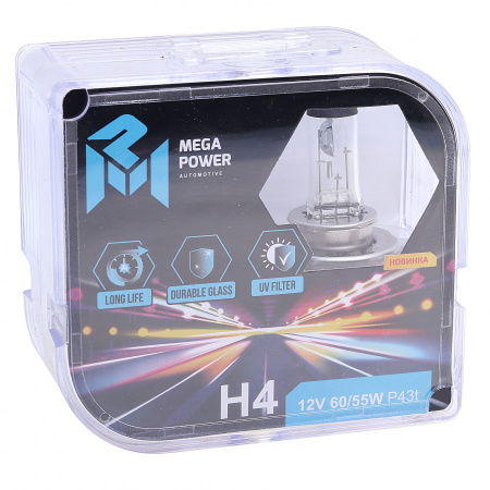 Автолампа H4 (60/55) P43t-38 LONG LIFE (бокс, 2шт) 12V MEGAPOWER /1/10