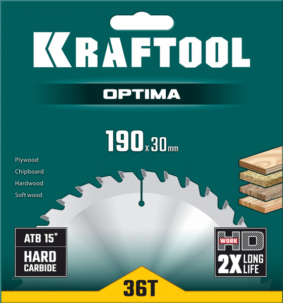 KRAFTOOL Optima, 190 х 30 мм, 36Т, пильный диск по дереву (36951-190-30)