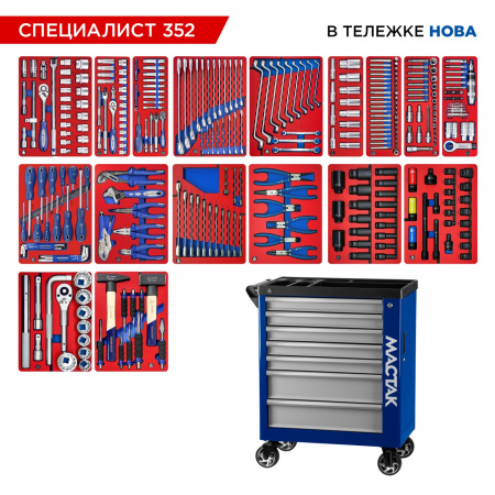 Набор инструментов 352 предмета, "СПЕЦИАЛИСТ 352", в синей тележке МАСТАК 50-07352B Набор инструментов 352 предмета, "СПЕЦИАЛИСТ 352", в синей тележке МАСТАК 50-07352B