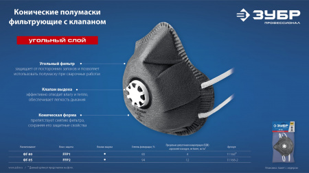 ЗУБР ФГ-95 коническая с угольным слоем, класс защиты FFP2, с клапаном выдоха, фильтрующая полумаска (11168-2)