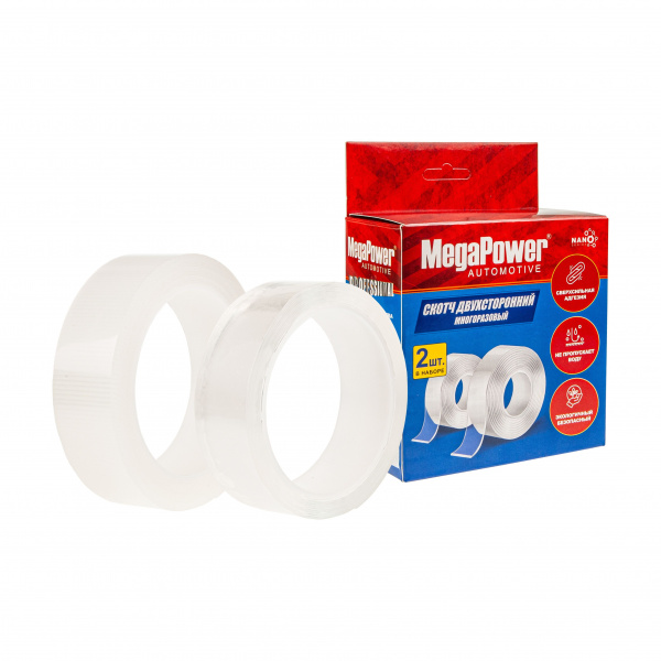 Скотч двухсторонний EW-103 NANO набор 2шт. (30мм х 5м, 0,8мм армированный, 30мм х 3м, 0,8мм прозрачный ) многоразовый сверхсильный  MEGAPOWER /1/10
