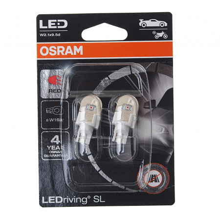 Автолампа W16W (W2.1*9.5d) LED (блистер, 2шт) RED 12V OSRAM 1/10/50
