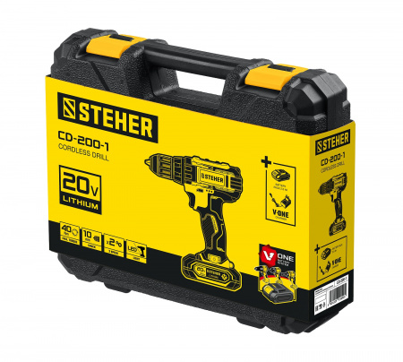 STEHER V1, 20 В, 40 Н·м, 1 АКБ (2 А·ч), дрель-шуруповерт, кейс (CD-200-1)