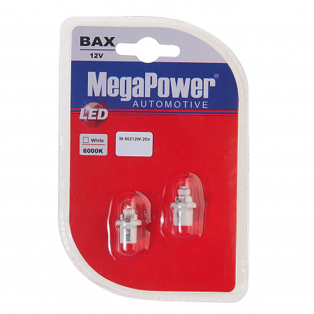 Автолампа T5 (W2*4.6d с патроном B8.5d) 1 LED CONE  WHITE блистер (2шт) 6000K 7лм   12V MEGAPOWER /1 /50