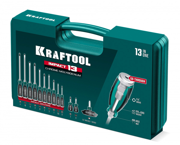 KRAFTOOL IMPACT 13 шт, сквозной стержень Cr-Mo, набор ударных отверток (25035)