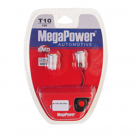 Автолампа T10W (W2,1x9,5d) 1 SMD 5050 WHITE блистер с тестером (2шт) 6000K 20лм   12V MEGAPOWER /1 /25