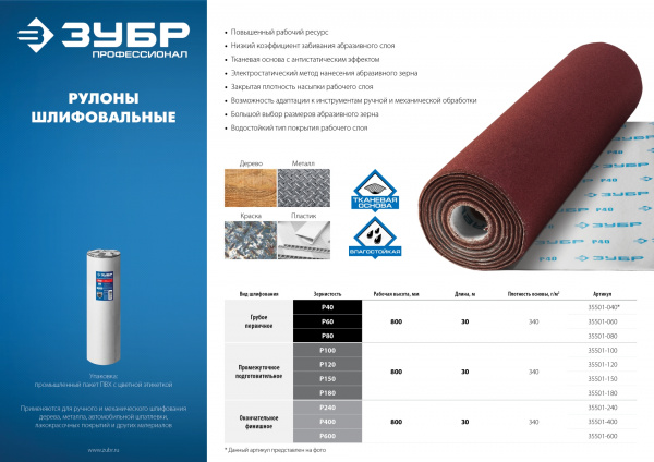 ЗУБР Р40, 800 мм, 30 м, водостойкий, шлифовальный рулон на тканевой основе, Профессионал (35501-040)
