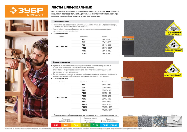 ЗУБР Р120, 230 х 280 мм, 5 шт, водостойкий, шлифовальный лист на бумажной основе (35417-120)