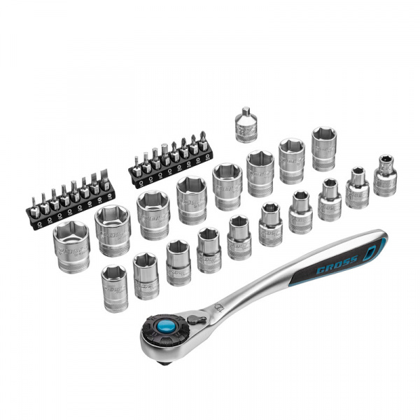 Набор торцевых головок, трещотка 120 зубьев, 1/2", CrV, 36 предметов Gross Набор торцевых головок, трещотка 120 зубьев, 1/2", CrV, 36 предметов Gross