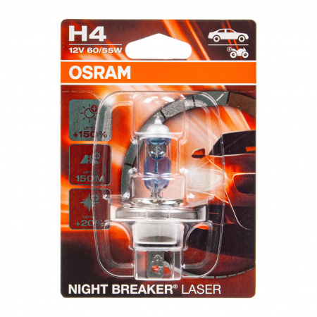 Автолампа H4 (60/55) P43t+150% NIGHT BREAKER LASER 4050K (блистер) 12V OSRAM /1/10